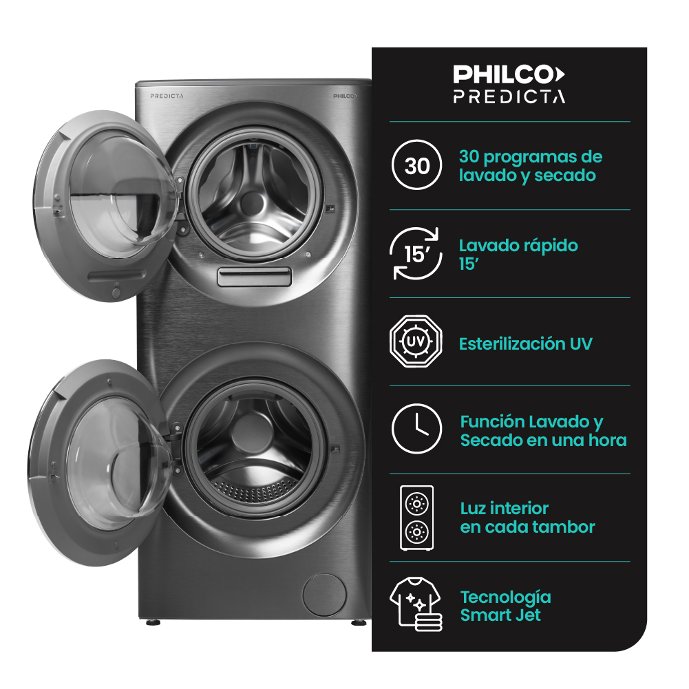 LAVASECARROPA PHILCO PREDICTA TORRE PHLFT157GT 17/5kg INVERTER A++ 1400rpm