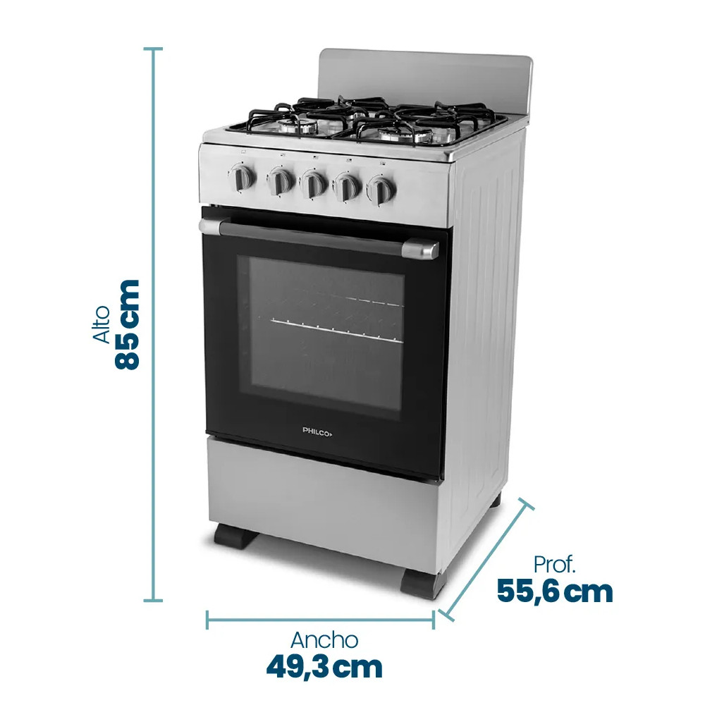 COCINA PHILCO PHCN50P INOX MULTIGAS 50CM 4 HORNALLAS FACIL LIMPIEZA
