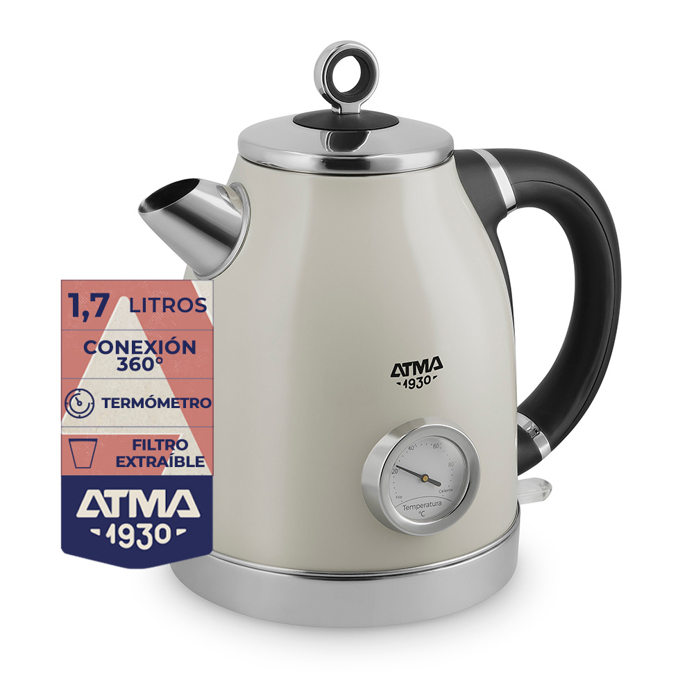 JARRA ELECTRICA ATMA PEAT21VCP VINTAGE CREMA 1.7L RELOJ TERMOMETRO INDICADOR TEM