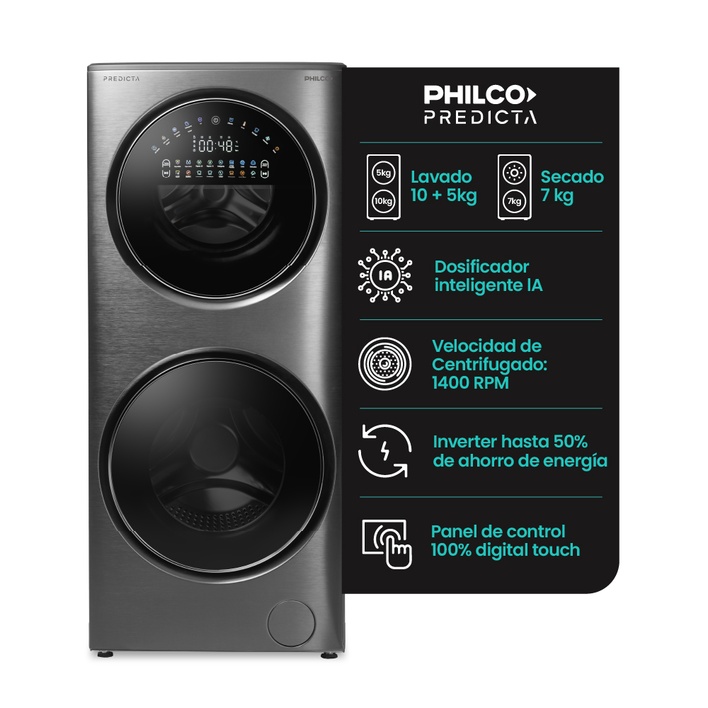 LAVASECARROPA PHILCO PREDICTA TORRE PHLFT157GT 17/5kg INVERTER A++ 1400rpm