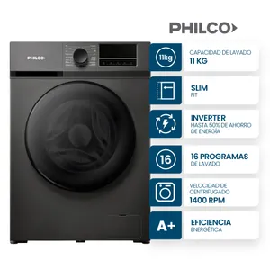 LAVARROPA PHILCO PHLFA11C3AGN 11kg 1400rpm INVERTER GRIS FRONTAL 16P