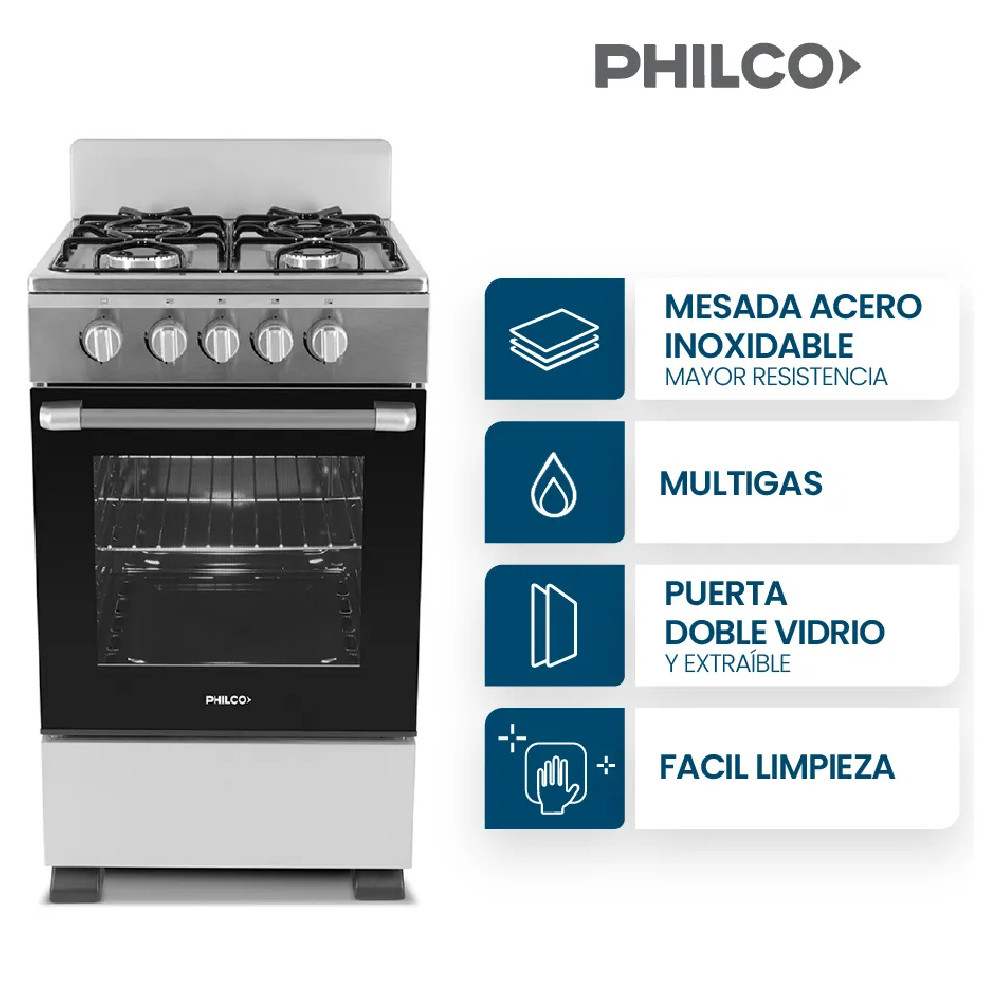 COCINA PHILCO PHCN50P INOX MULTIGAS 50CM 4 HORNALLAS FACIL LIMPIEZA