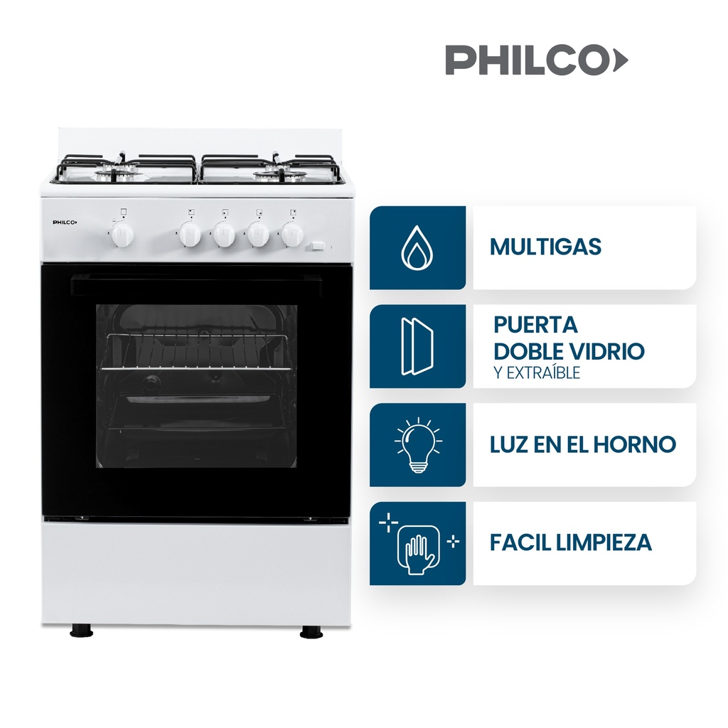 COCINA PHILCO PHCM56BL ESSENTIAL BLANCA MULTIGAS 56CM 4 HORNALLAS FACIL LIMPIEZA