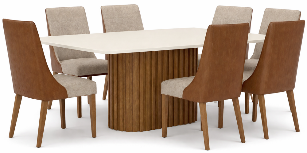 COMBO MESA HENN SOLANA RECTANGULAR NATURAL OFF WHITE 160x90 + 6 SILLAS IVY PATAS MADERA MACIZA CARAMELO/CREMA  97x47x64 SE829-544