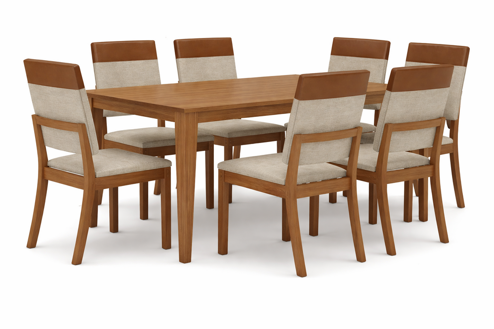 COMBO MESA HENN VITORIA RECTANGULAR NATURE 160x80 + 6 SILLAS MILA PLUS MADERA CARAMELO/CREMA 95x42x54 S229-128