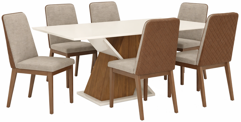 COMBO MESA HENN SOLUS RECTANGULAR NATURAL OFF WHITE 160x80 + 6 SILLAS PIETRA PATAS MADERA MACIZA CARAMELO/CREMA  91x46x55 SE933-544
