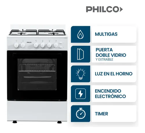 [05005656] COCINA PHILCO PHCM56M BLANCA MULTIGAS 56CM 4 HORNALLAS FACIL LIMPIEZA