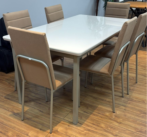 [1018] COMBO MESA KAPPESBERG RENO RECTANGULAR OFF WHITE 160x90 + 6 SILLAS AMSTERDAN CAÑO NIKEL TAPIZADO LINO FENDI 87x39x46 CMC1018NK 