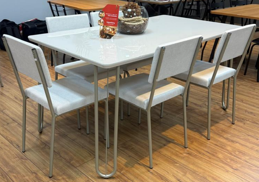 [1020] COMBO MESA KAPPESBERG RECTANGULAR OFF WHITE 160x90 + 6 SILLAS ZARIA CAÑO NIKEL TAPIZADO GAMUZA GRIS / BLANCO 90x42x54 CMC1020NK 